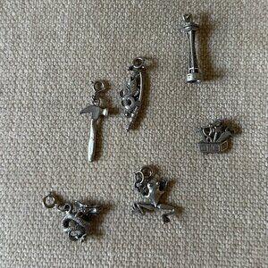 Pewter Silver Tone Charm Lot Tools Hammer Space Needle Dragon Frog Fishing Rod